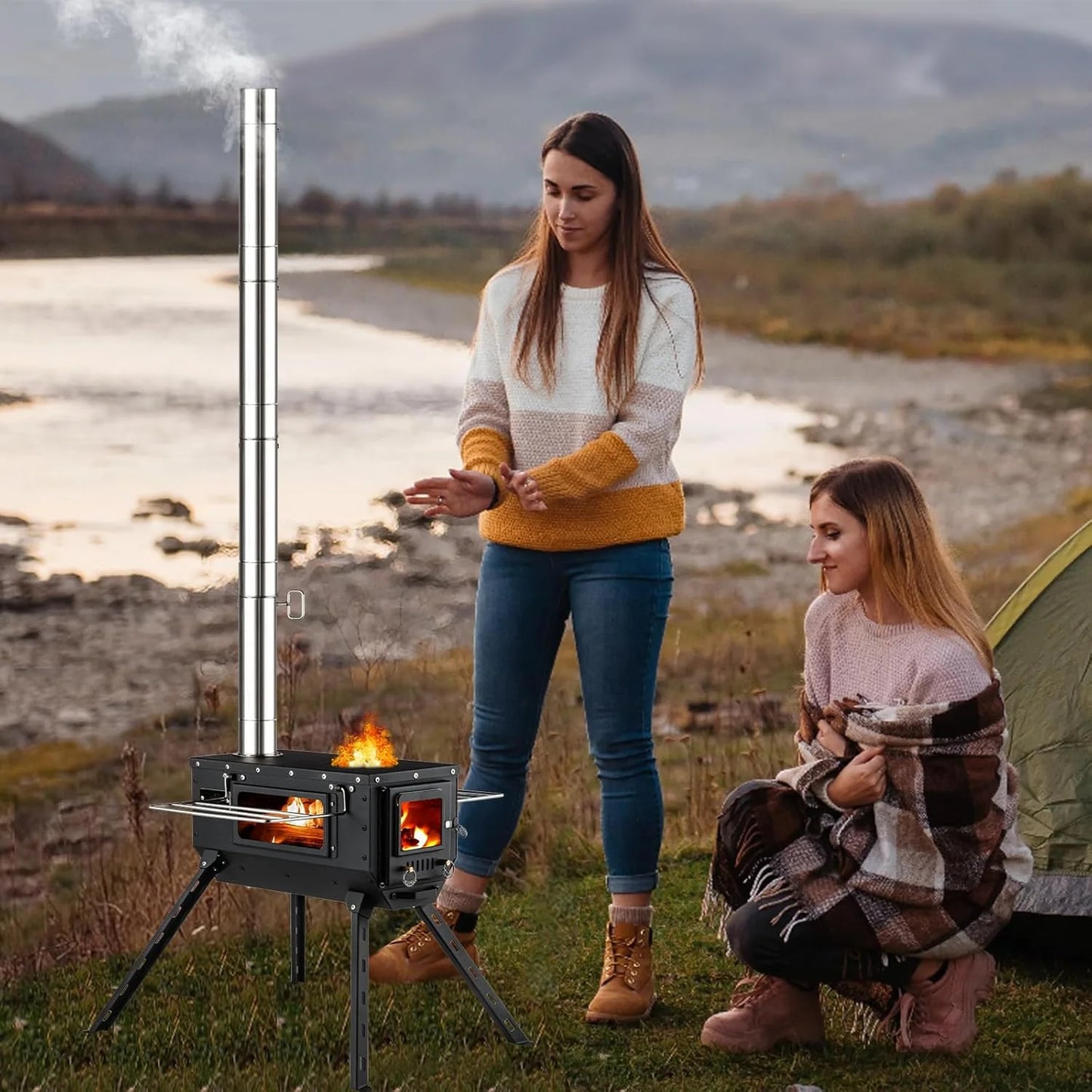 Hot Tent Stove Wood Stove, Small Wood Stove for Outdoor Heating and Cooking, Ice Fishing, Hunting