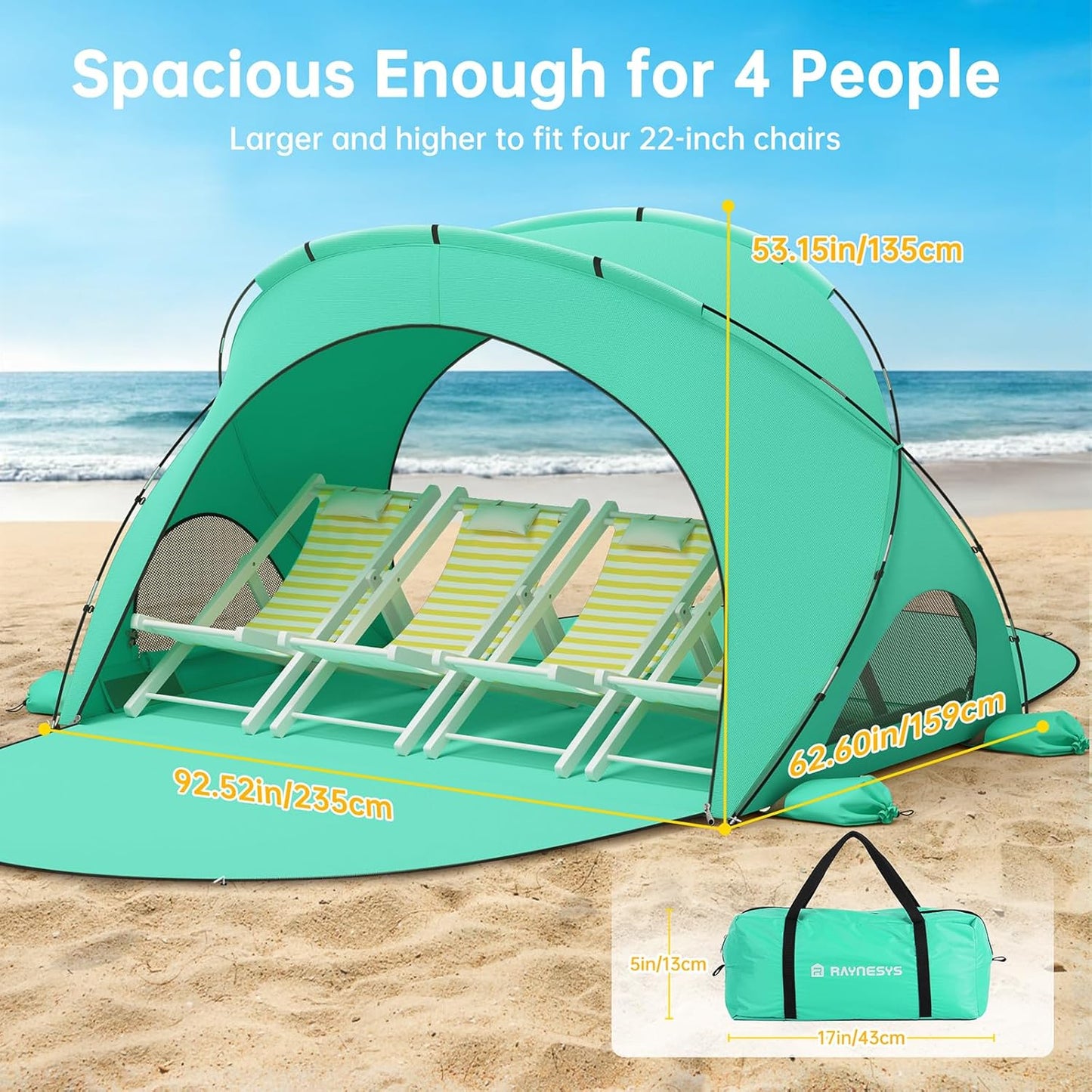 Beach Tent Sun Shelter, Beach Shade Tent with UPF50+ UV Protection, Beach Sun Shelter, Beach Shade with 2 Zippered Doors, Portable Beach Tent for Beach Camping Fishing