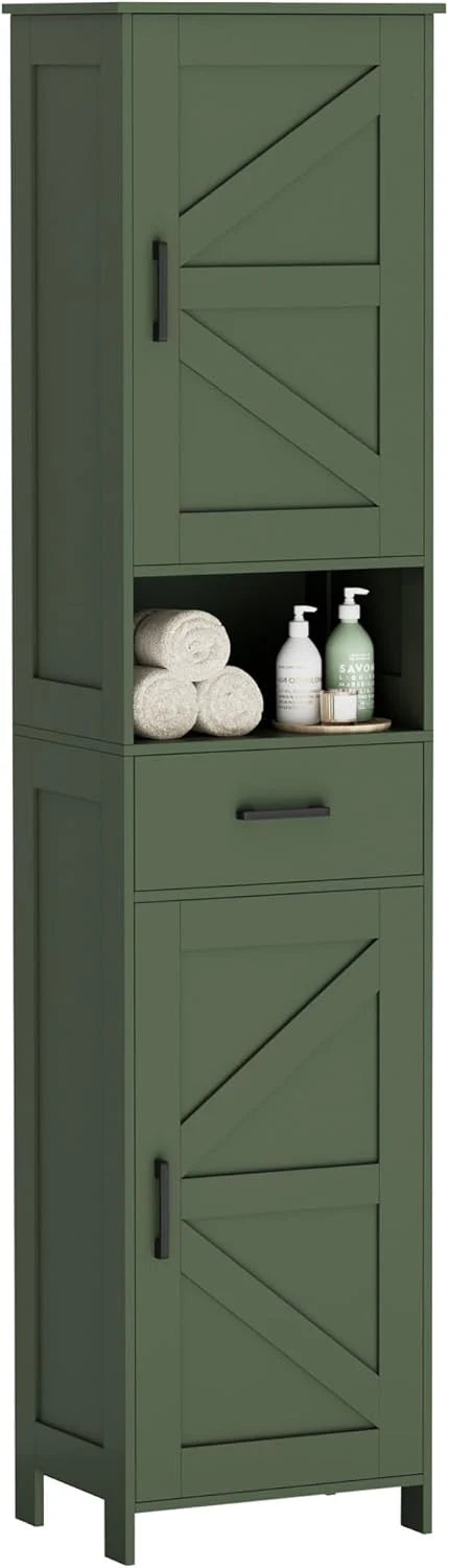 Homhedy 67" H Tall Bathroom Storage Cabinet with 2 Barn Doors and 1 Drawer, Narrow Storage Unit, Adjustable Shelves, Floor Cabinet for Bathroom, Living Room, Entryway, Kitchen, White, (15.7" W)