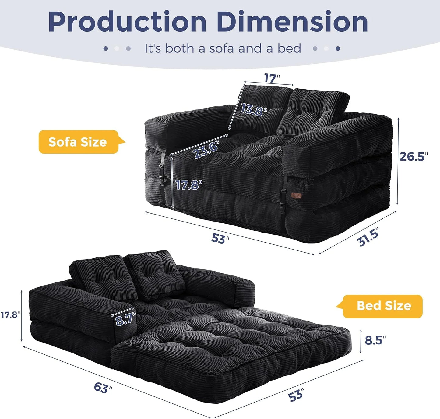 Folding Sofa Bed, L-Shaped Convertible Sofa Bed with Armrests and Pillows,