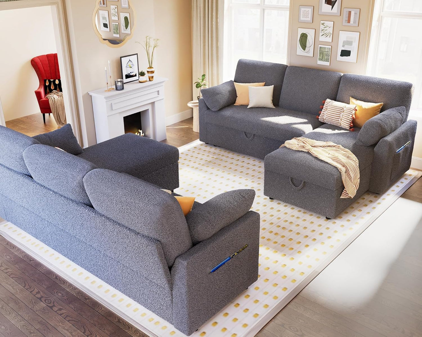 VanAcc Sofa Bed, Sleeper Sofa with Storage Chaise- 2 in 1 Pull Out Couch Living Room, Comfy Sleeper Couch