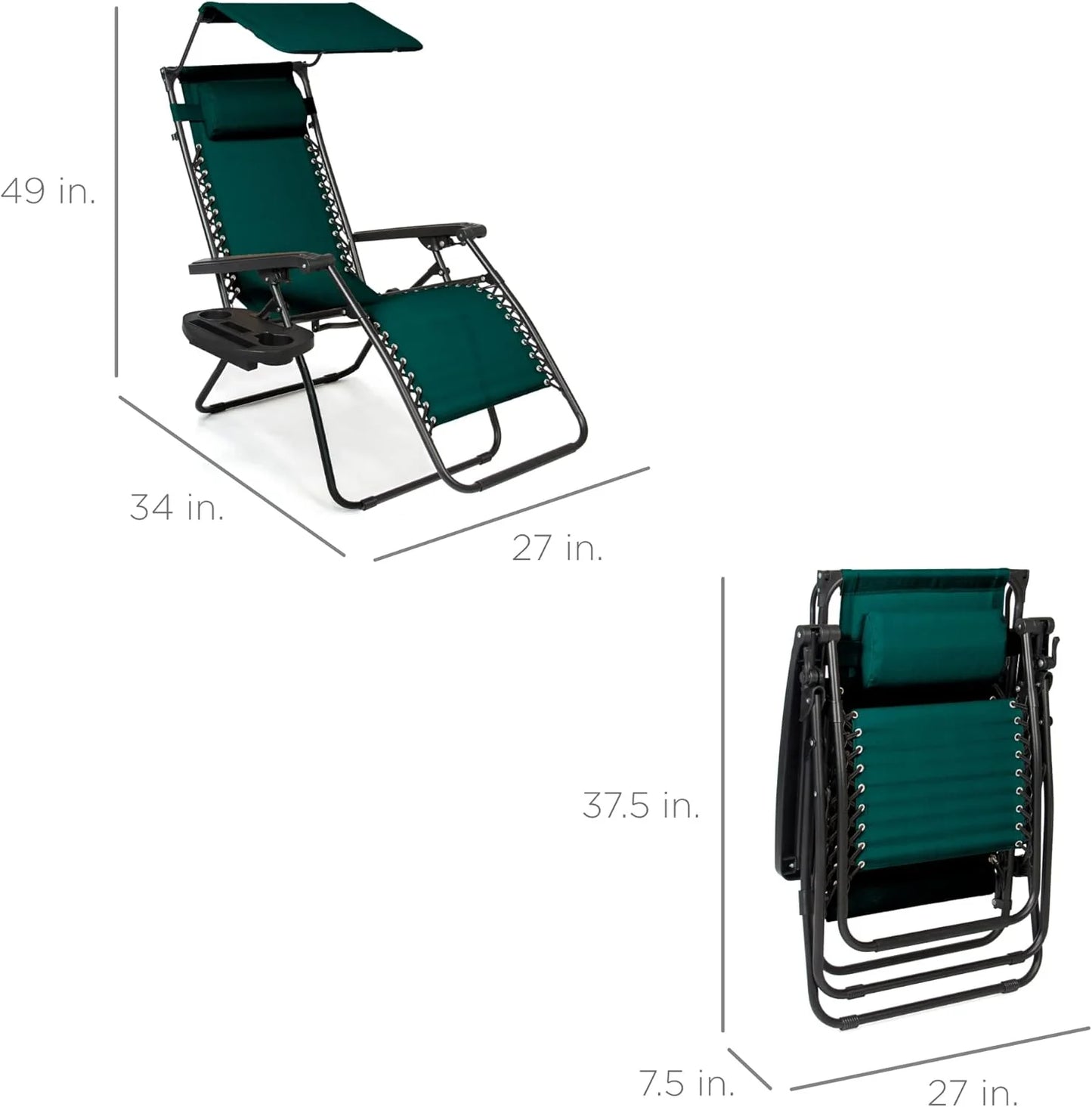 Best Choice Products Folding Zero Gravity Outdoor Recliner Patio Lounge Chair w/Adjustable Canopy Shade, Headrest, Side Accessory Tray, Textilene Mesh - Peacock Blue