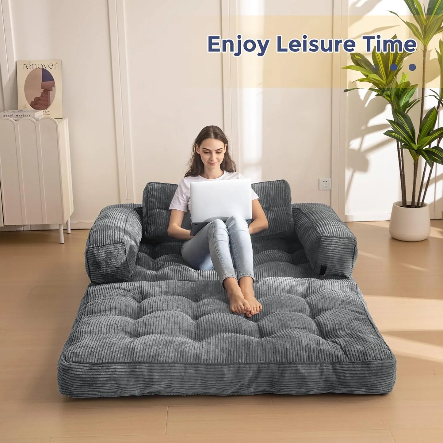 Folding Sofa Bed, L-Shaped Convertible Sofa Bed with Armrests and Pillows,