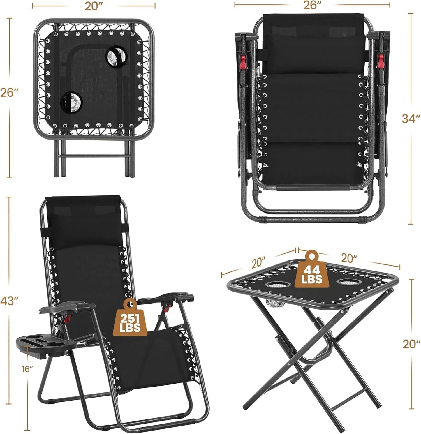 3PCS Zero Gravity Recliner Portable Outdoor Reclining Chair Set w/Side Table Folding Chaise Lounge Chairs