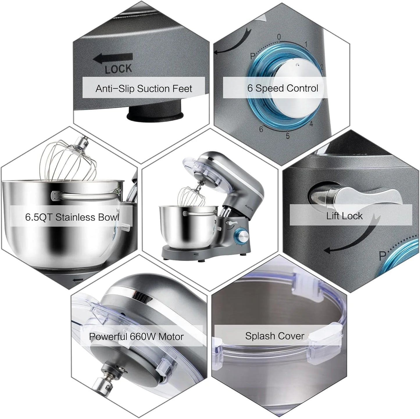 Aucma Stand Mixer,6.5-QT 660W 6-Speed Tilt-Head Food Mixer, Kitchen Electric Mixer with Dough Hook