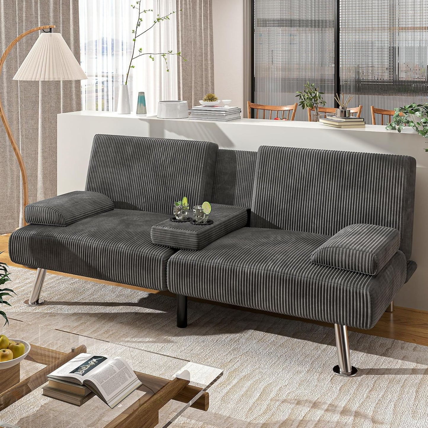 Shahoo Modern Linen Upholstered Convertible Folding Futon Sofa Bed with Removable Armrests, Metal Legs, 2 Cup Holders for Living Room