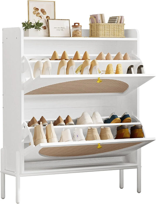 IRONCK Shoe Cabinet Storage with 2 Flip Drawers, Free Standing Wooden Shoe Storage Organizer Cabinet with Rattan Doors for Entryway, Narrow Shoe Rack Cabinet, Oak