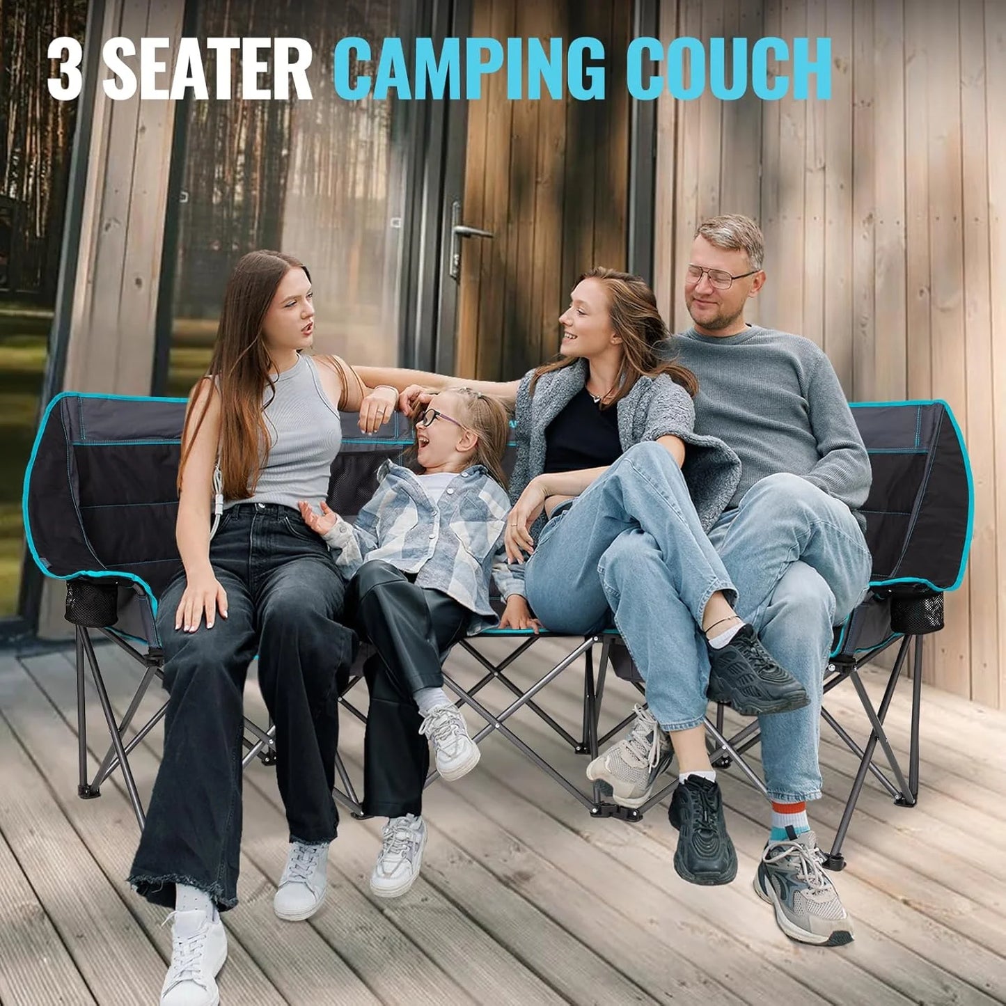 Double Camping Chair with Cooler 3-Person Folding Extra Large Camping Chair with 1000-Pound Load Capacity
