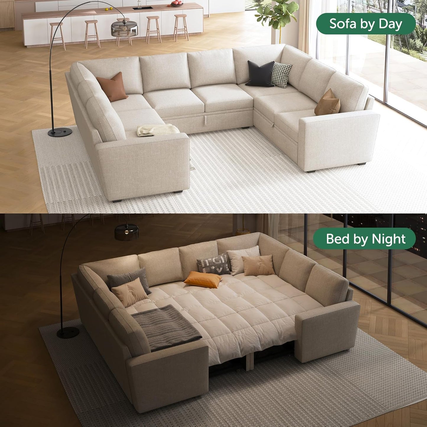 HONBAY Modular Sectional Sleeper Sofa with Pull Out Bed, L Shaped Couch with Storage Seat, Convertible Sectional Couches for Living Room