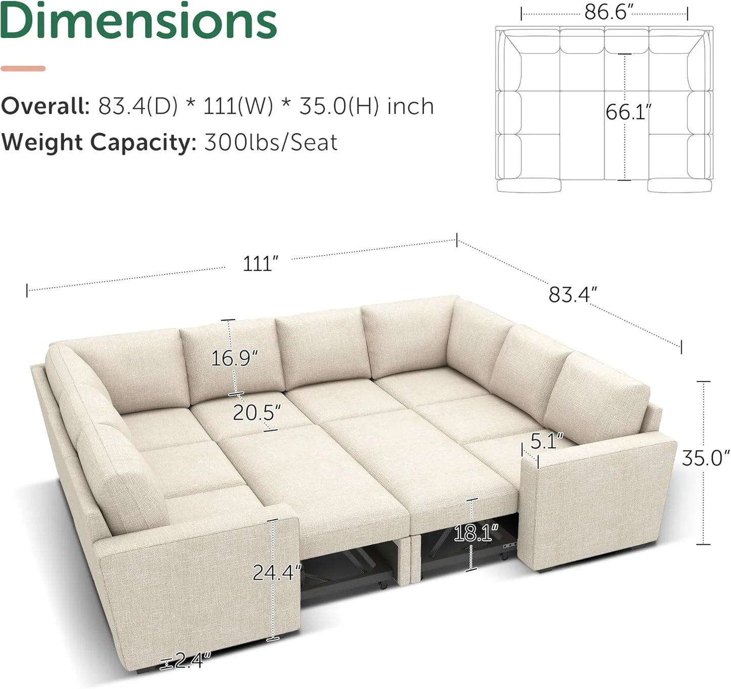 HONBAY Modular Sectional Sleeper Sofa with Pull Out Bed, L Shaped Couch with Storage Seat, Convertible Sectional Couches for Living Room