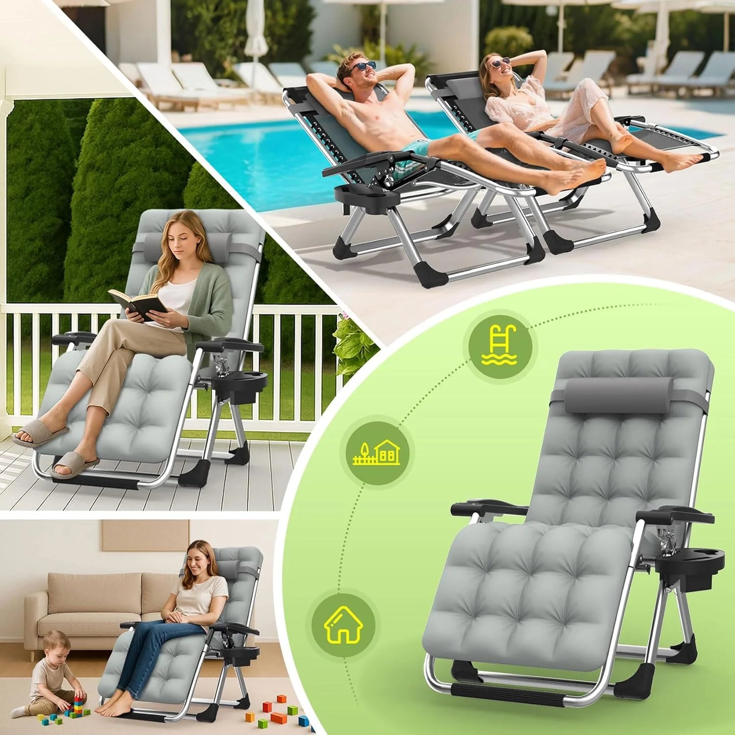 Indoor and outdoor patio chair folding lounge chair zero gravity chair with removable cushion camping lounge chair