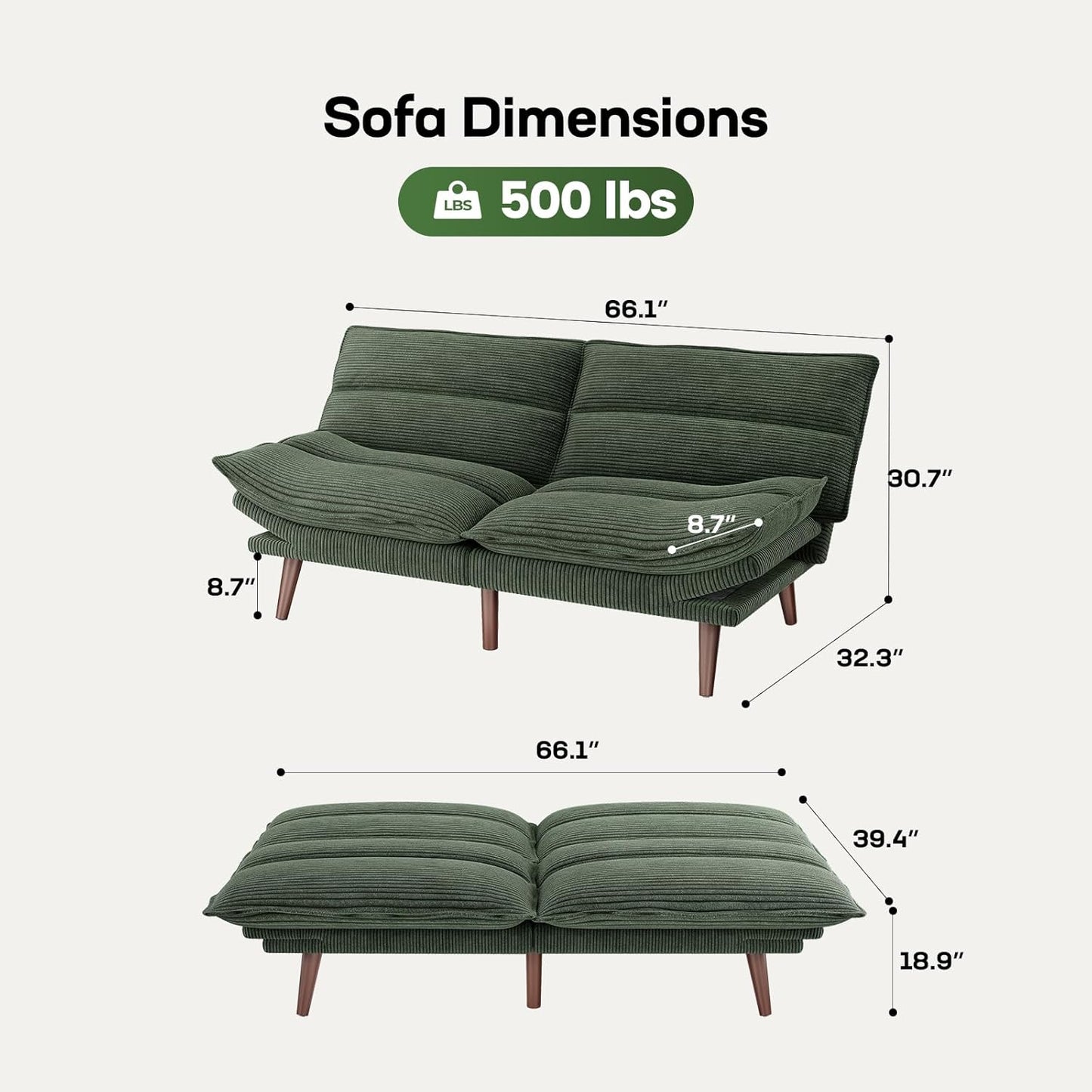 Futon Sofa Bed, Futon Sofa with Adjustable Back and Armrests, Converts to Small Sleeper Sofa Bed Corduroy Loveseat Green