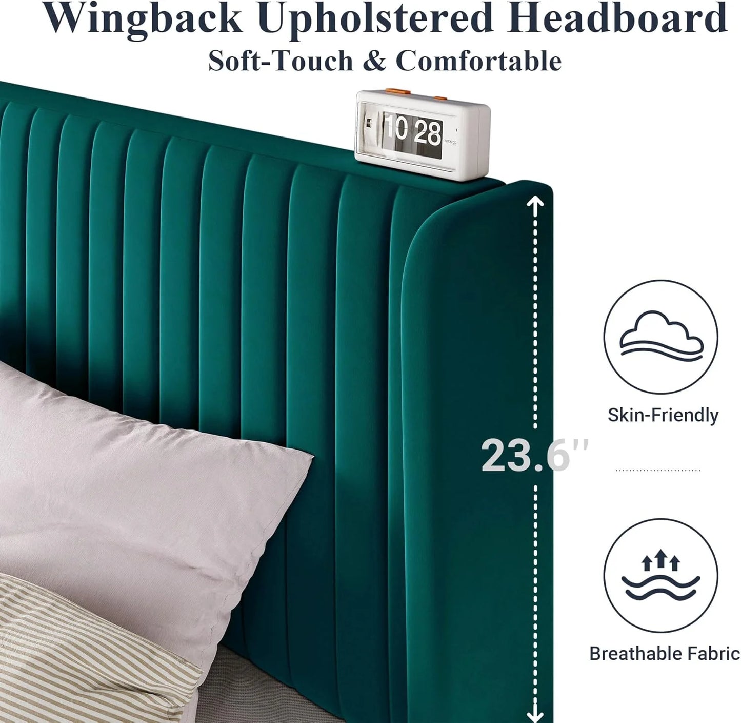 Allewie Full Size Velvet Bed Frame/Vertical Channel Tufted Wingback Headboard/Upholstered Platform Bed/Strong Wooden Slats/No Box Spring Needed/Easy Assembly/White