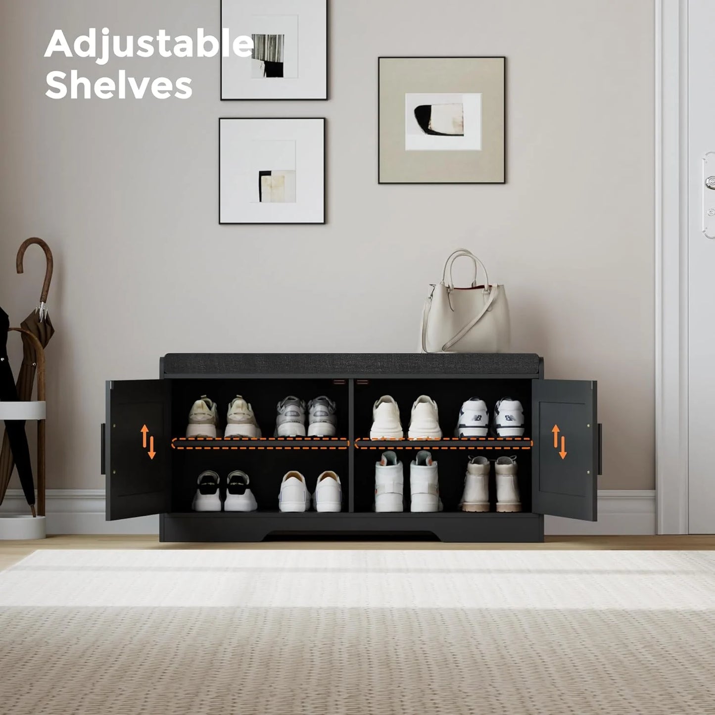 2-Tier Storage Bench, Shoe Bench with Thickened Padded Seat Cushion, Entryway Bench with 4 Doors, Adjustable Shelf