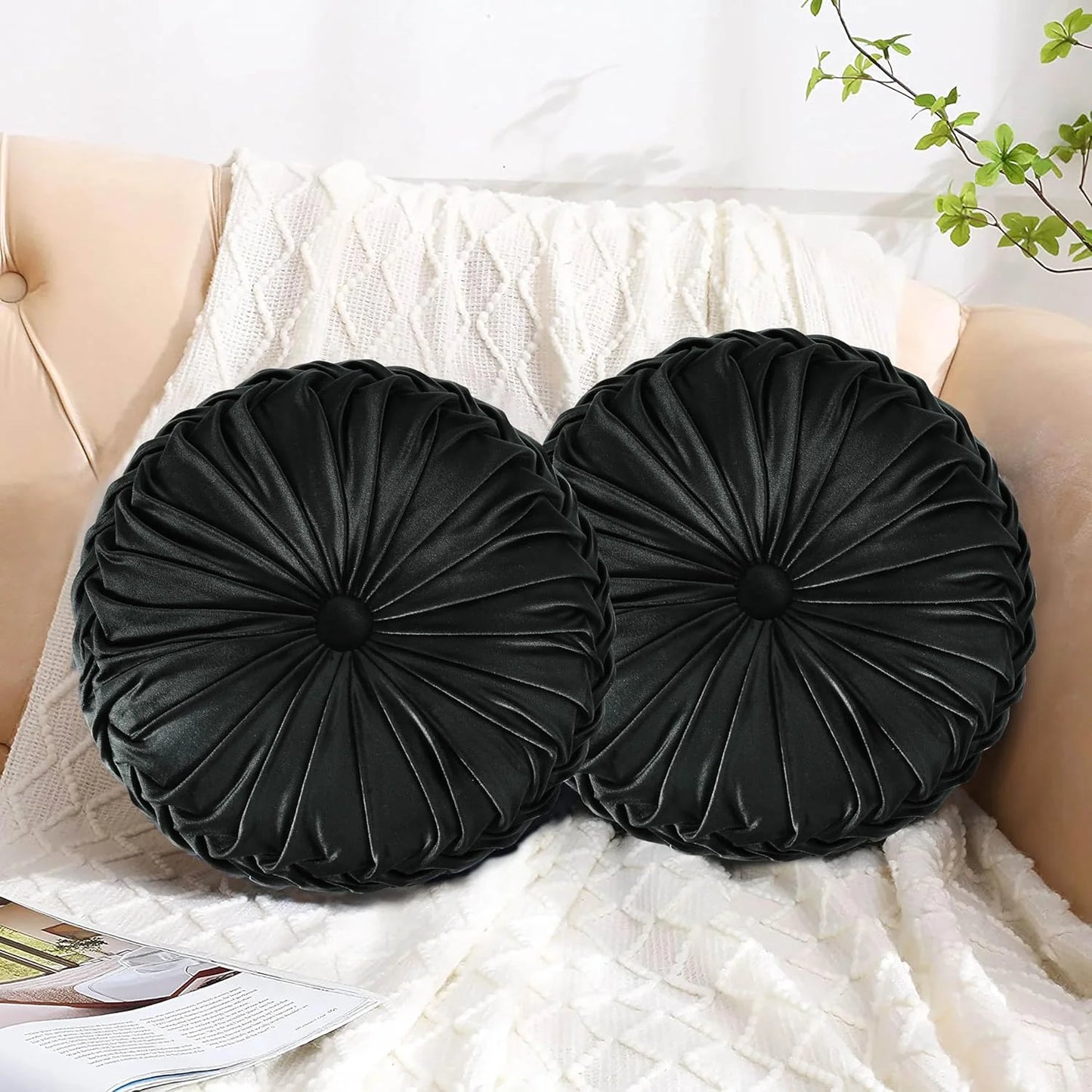 Set of 2 Decorative Round Pleated Throw Pillows