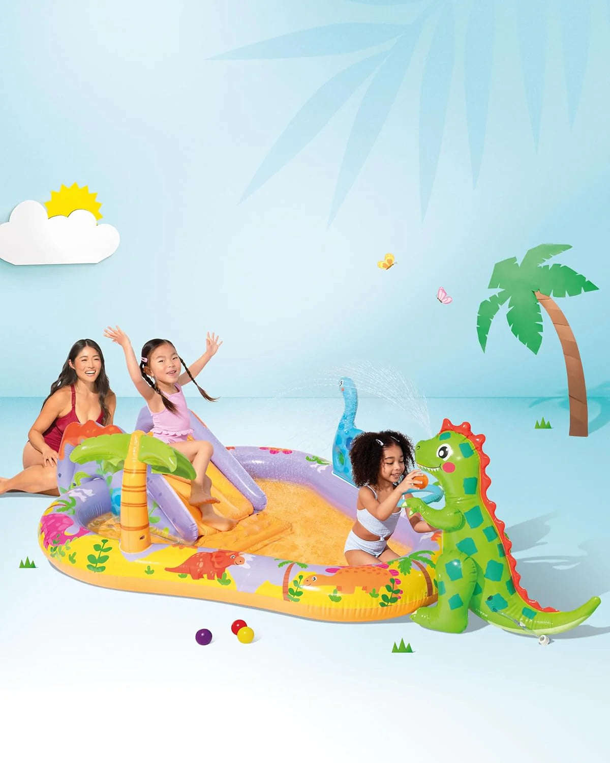 Intex 96" x 78" x 28" Inflatable Jungle Adventure Play Center Spray Kiddie Pool - Backyard Kids Water Slide, Outdoor Blow-Up Splash Pad for Toddlers
