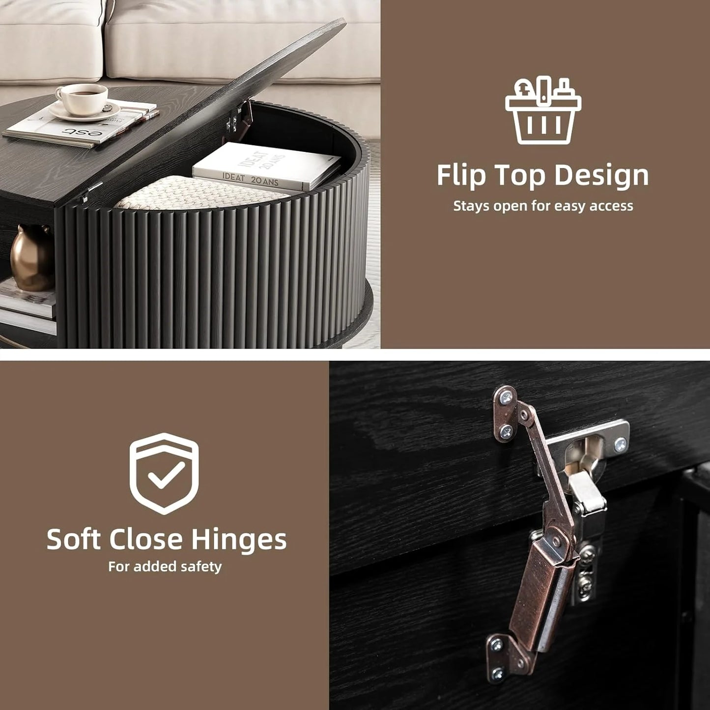 Round Coffee Table with Storage,Fluted Center Table with Sliding Cabinet Door for Living Room,Home Small Space,31.5" Small Center Table,Walnut