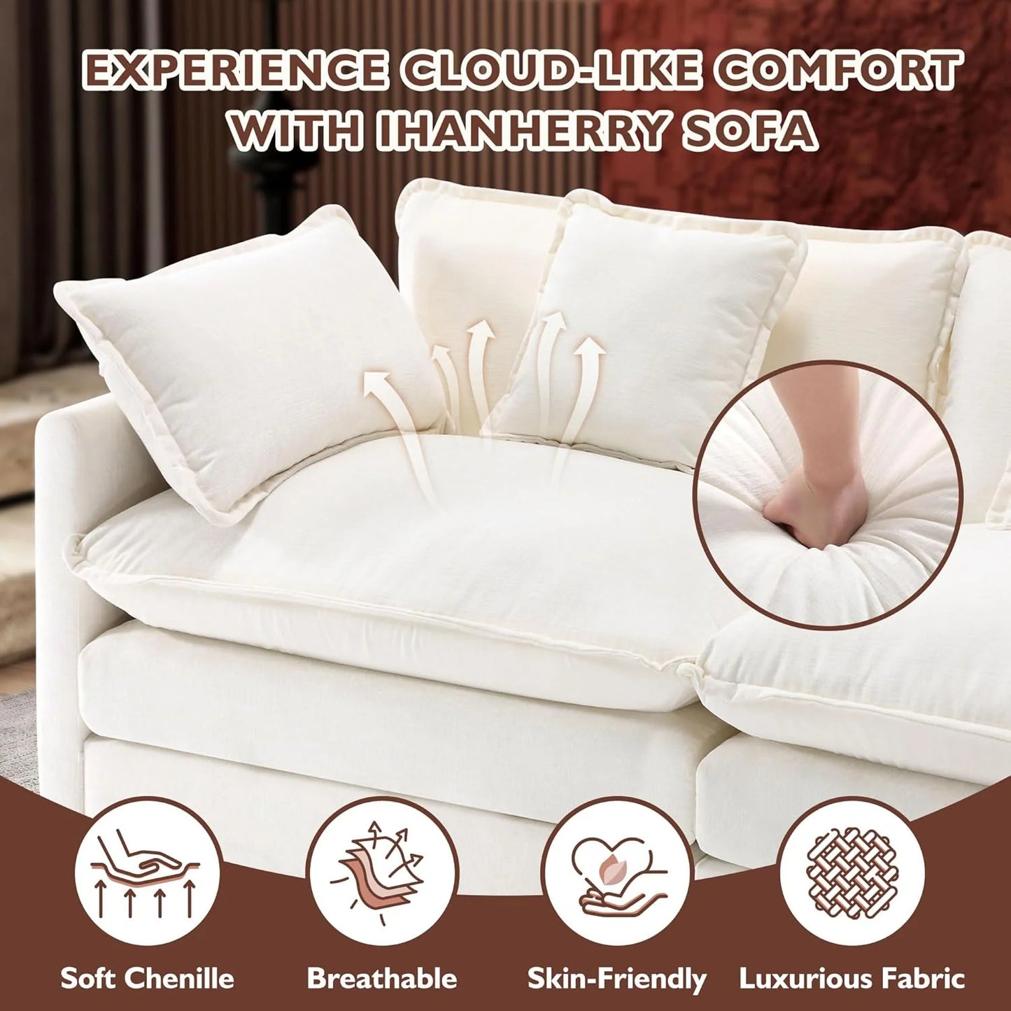 111.4 Inch L-Shaped Modern Sofa Modular Cloud Sofa with Ottoman, 4-Seater Chenille Deep Seat Sofa with Pillows for Living Room, Bedroom and Apartment, Beige