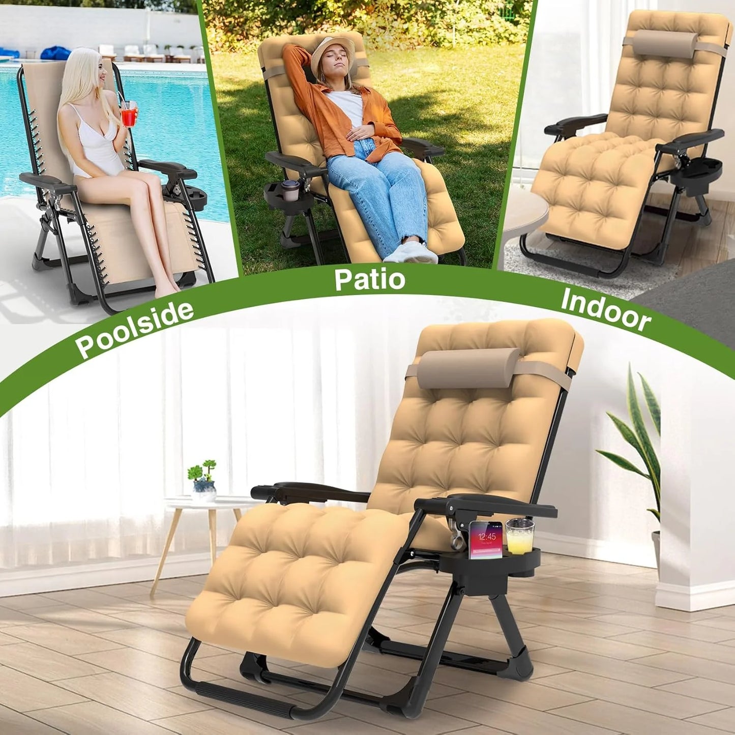 Indoor and outdoor patio chair folding lounge chair zero gravity chair with removable cushion camping lounge chair