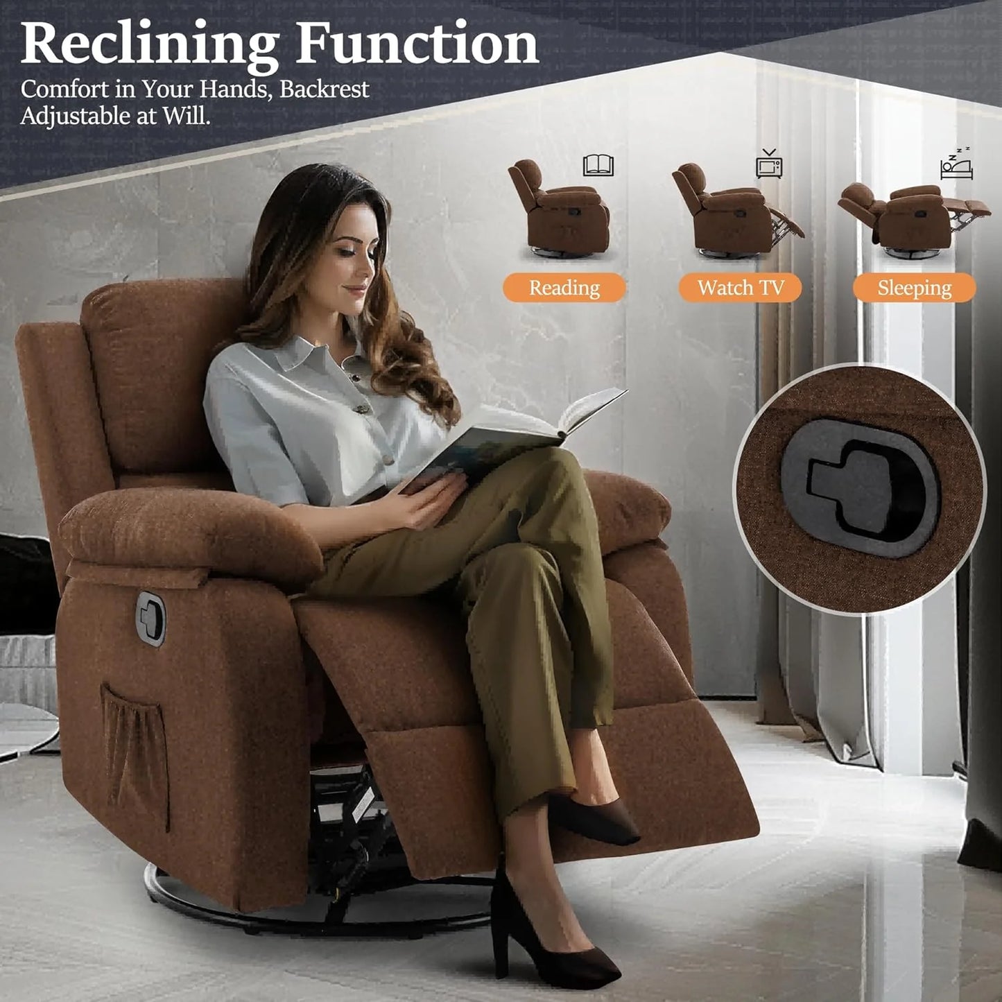 Reclining rocking chair 360 degree rotating fabric sliding reclining chair