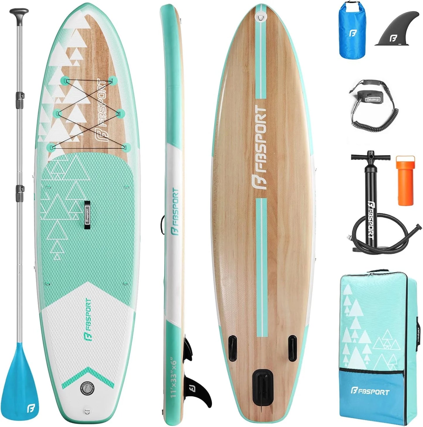 FBSPORT 11' Premium Stand Up Paddle Board, Yoga Board with Durable SUP Accessories & Carry Bag | Wide Stance, Surf Control, Non-Slip Deck, Leash, Paddle and Pump for Youth & Adult