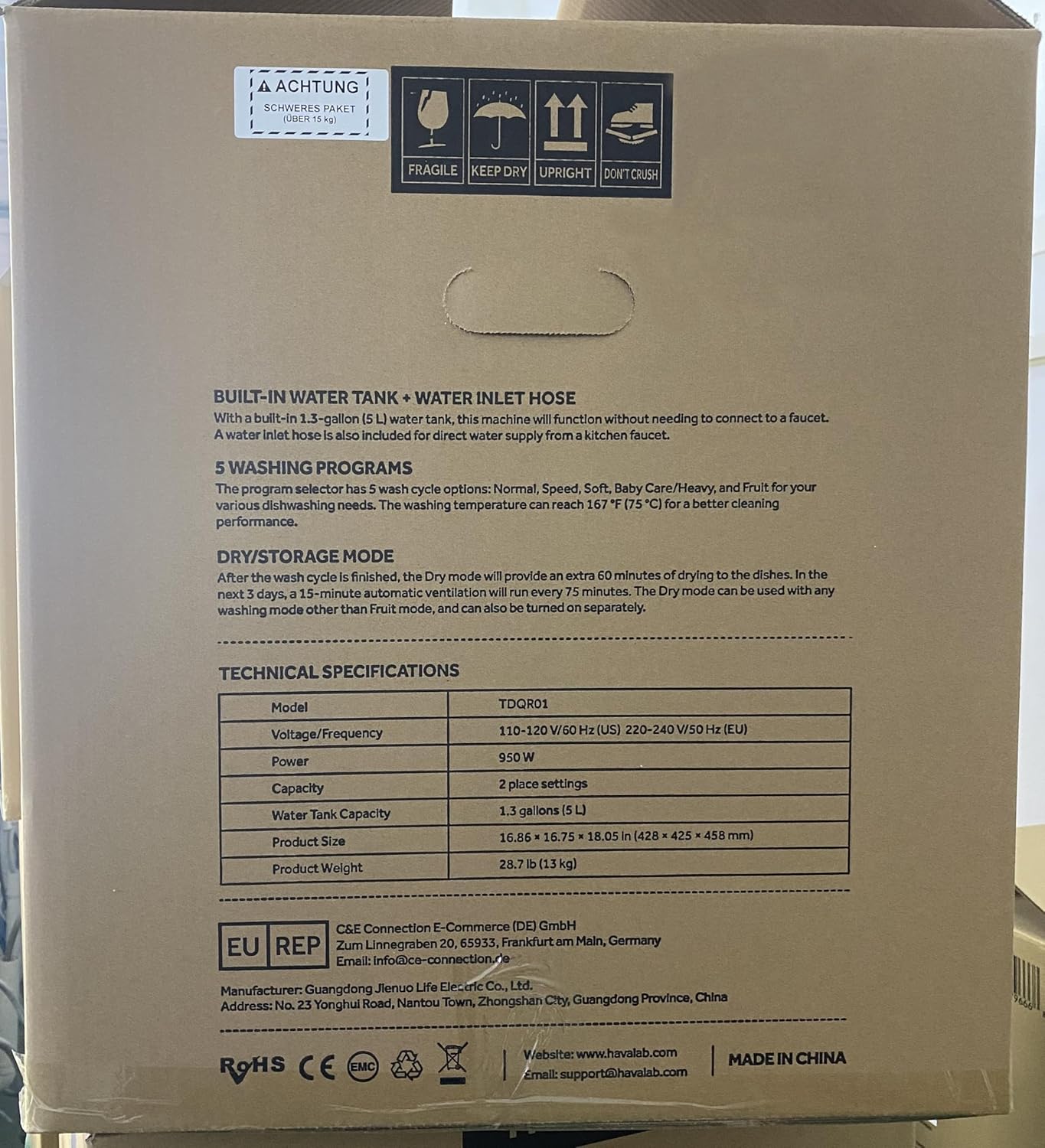 HAVA tabletop dishwasher, 6-program portable dishwasher with built-in 5-liter water tank