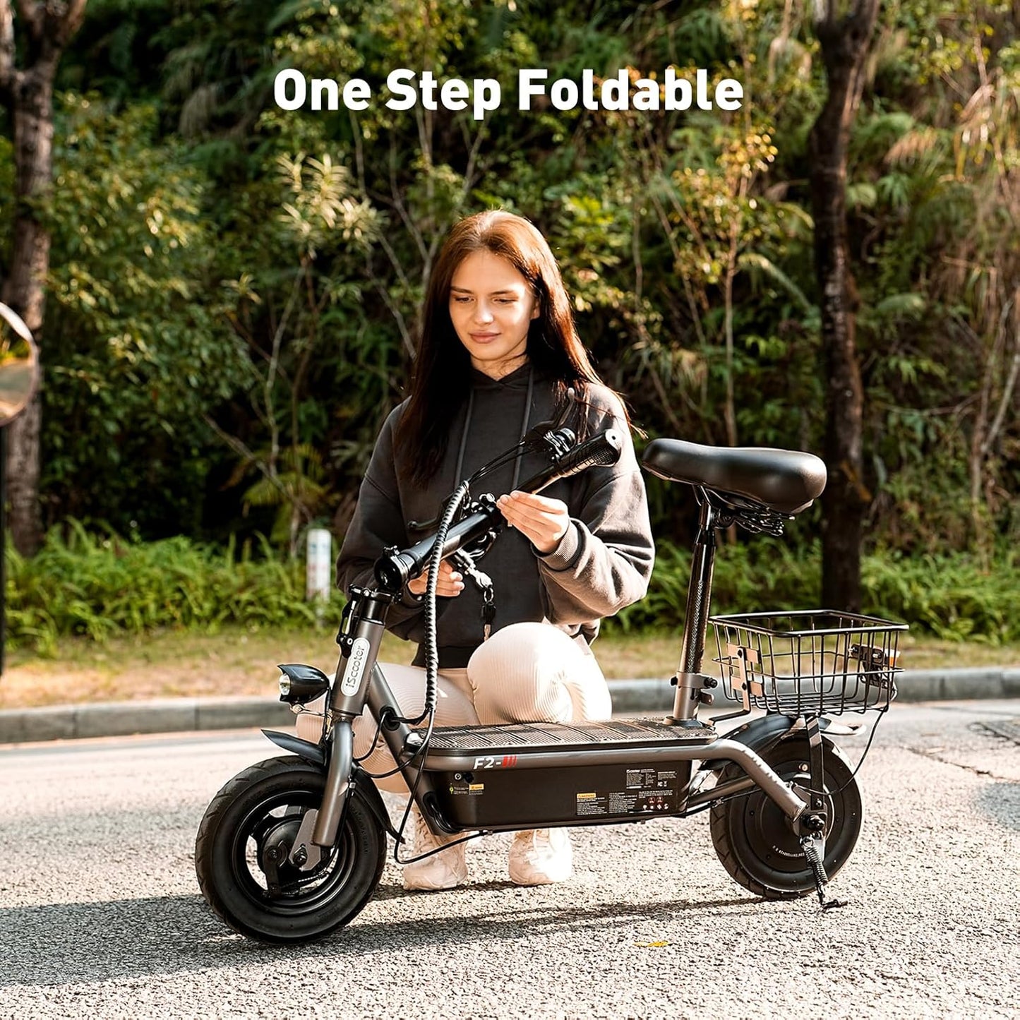 iScooter electric scooter with seat, 37/21 mile range, 28/19/15.6 mph top speed, dual suspension scooter with basket