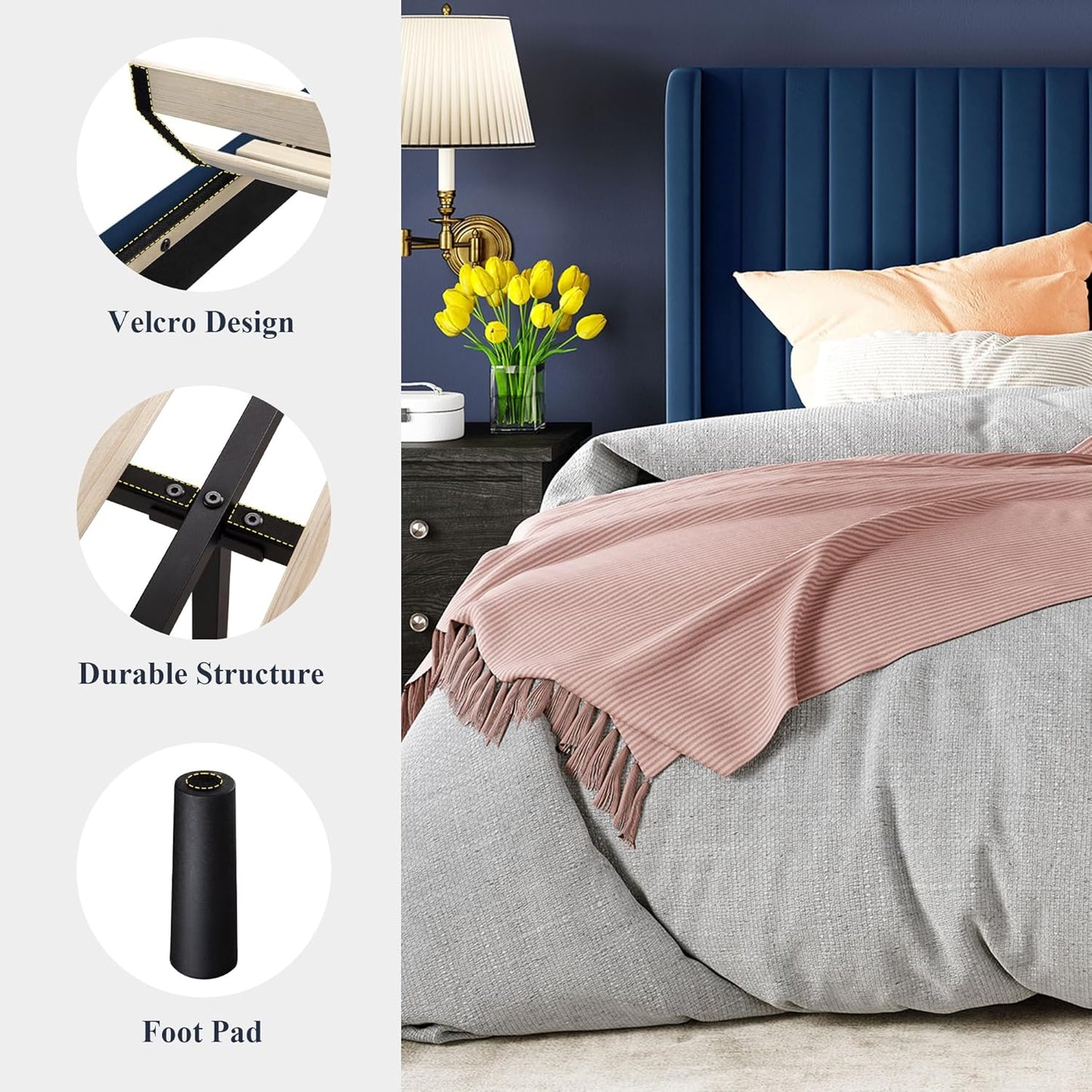 Allewie Full Size Velvet Bed Frame/Vertical Channel Tufted Wingback Headboard/Upholstered Platform Bed/Strong Wooden Slats/No Box Spring Needed/Easy Assembly/White