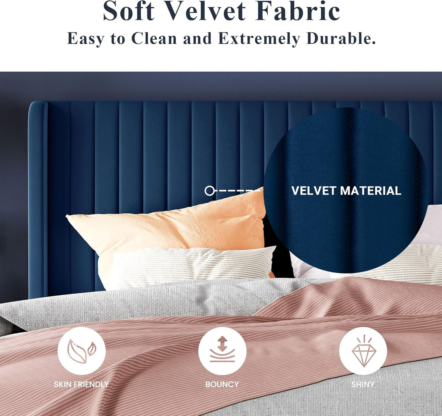 Allewie Full Size Velvet Bed Frame/Vertical Channel Tufted Wingback Headboard/Upholstered Platform Bed/Strong Wooden Slats/No Box Spring Needed/Easy Assembly/White