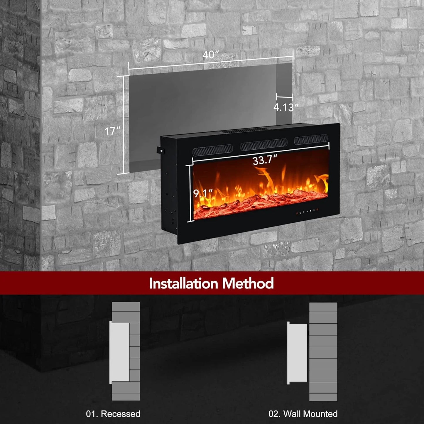 EUHOMY 50 Inch Electric Fireplace Wall Recessed and Wall Mounted with Adjustable Flame Color, Fireplace Heater with Remote Control, Linear Fireplace with Timer, Touch Screen, Log & Crystal, 750/1500W