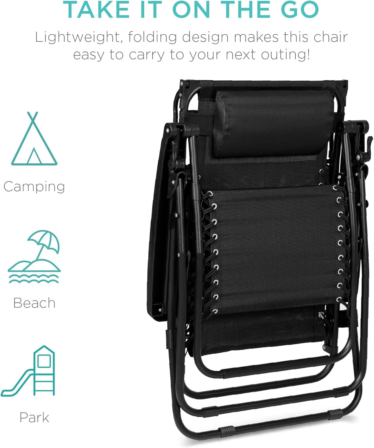 Best Choice Products Folding Zero Gravity Outdoor Recliner Patio Lounge Chair w/Adjustable Canopy Shade, Headrest, Side Accessory Tray, Textilene Mesh - Peacock Blue