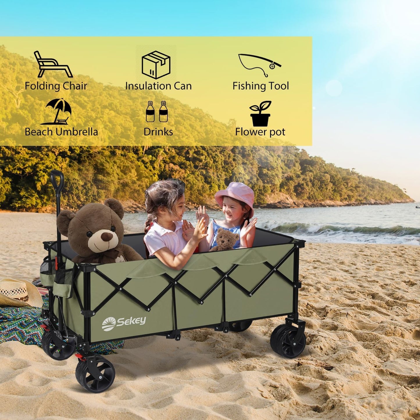 Sekey 48 Inch Long Foldable Extended Travel Cart, 440 Lbs Load Capacity, Heavy Duty 300 Liter Folding Multi-Purpose Garden Cart