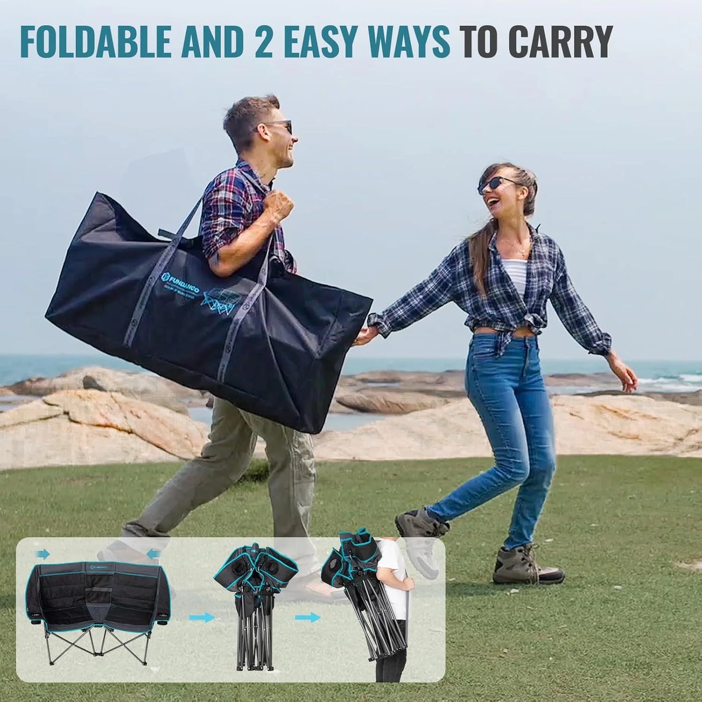 Double Camping Chair with Cooler 3-Person Folding Extra Large Camping Chair with 1000-Pound Load Capacity