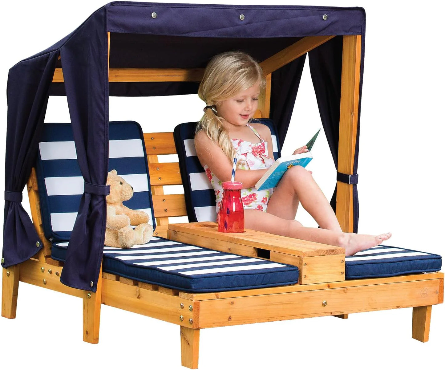 KidKraft Wooden Outdoor Double Chaise Lounge with Cup Holders, Kid's Patio Furniture, Honey with Navy and White Striped Fabric, Gift for Ages 3-8