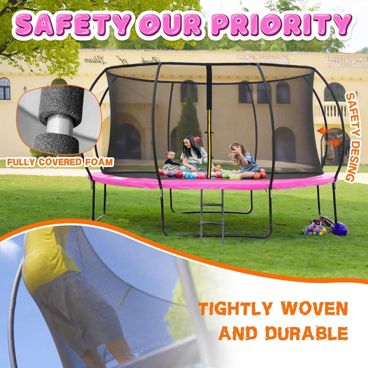 Trampoline 8FT 10FT 12FT 14FT 16FT, Recreational Trampolines with Enclosure Net and Ladder, Outdoor Anti-Rust Trampolines for Kids and Adults, ASTM Approved