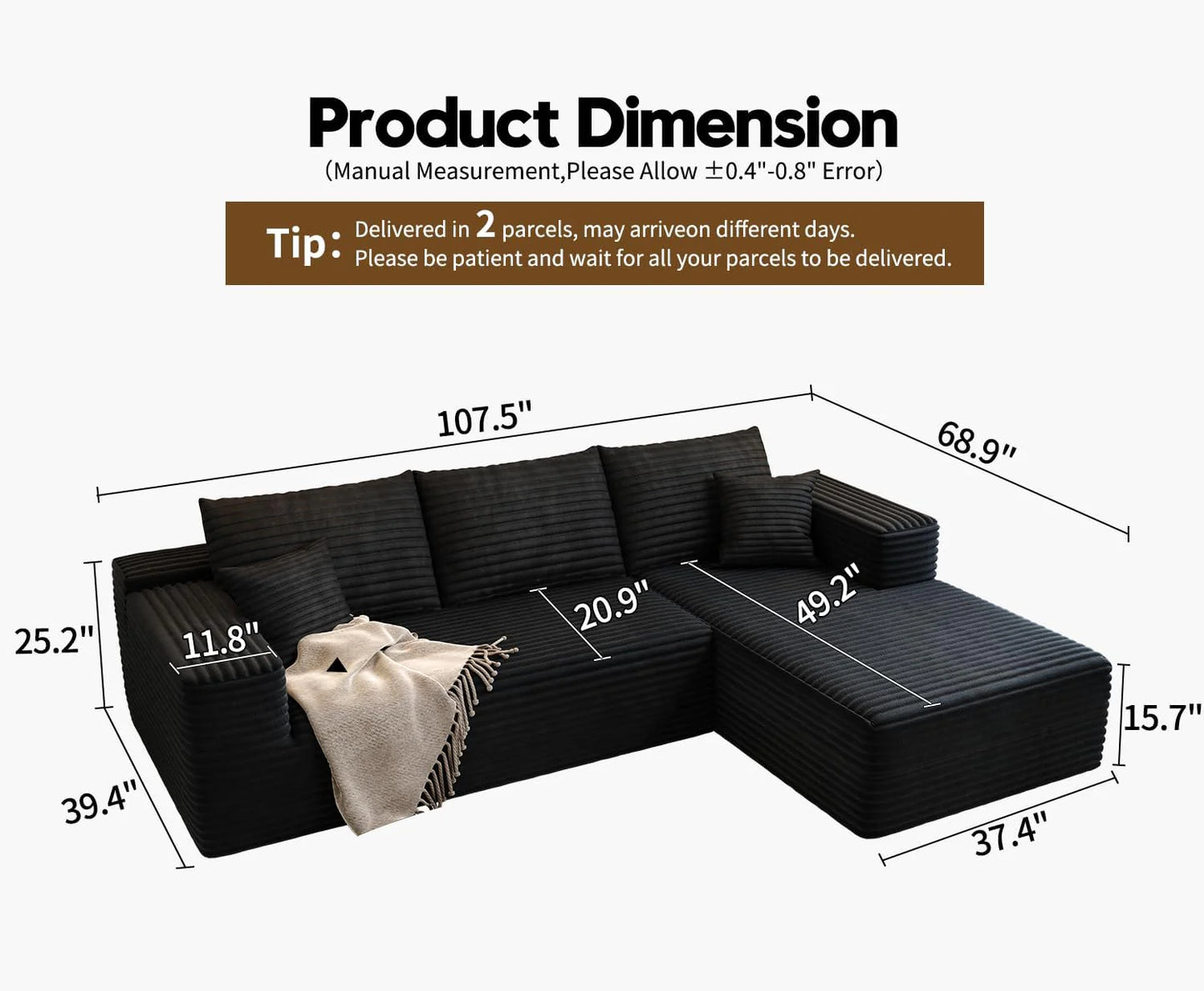 107.5" Cloud Modular Sectional Sofa Couch with L-Shape Chaise,Modern Minimalist Upholstered Couches