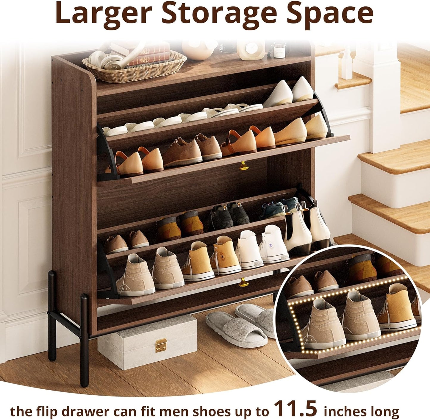 IRONCK Shoe Cabinet Storage with 2 Flip Drawers, Free Standing Wooden Shoe Storage Organizer Cabinet with Rattan Doors for Entryway, Narrow Shoe Rack Cabinet, Oak