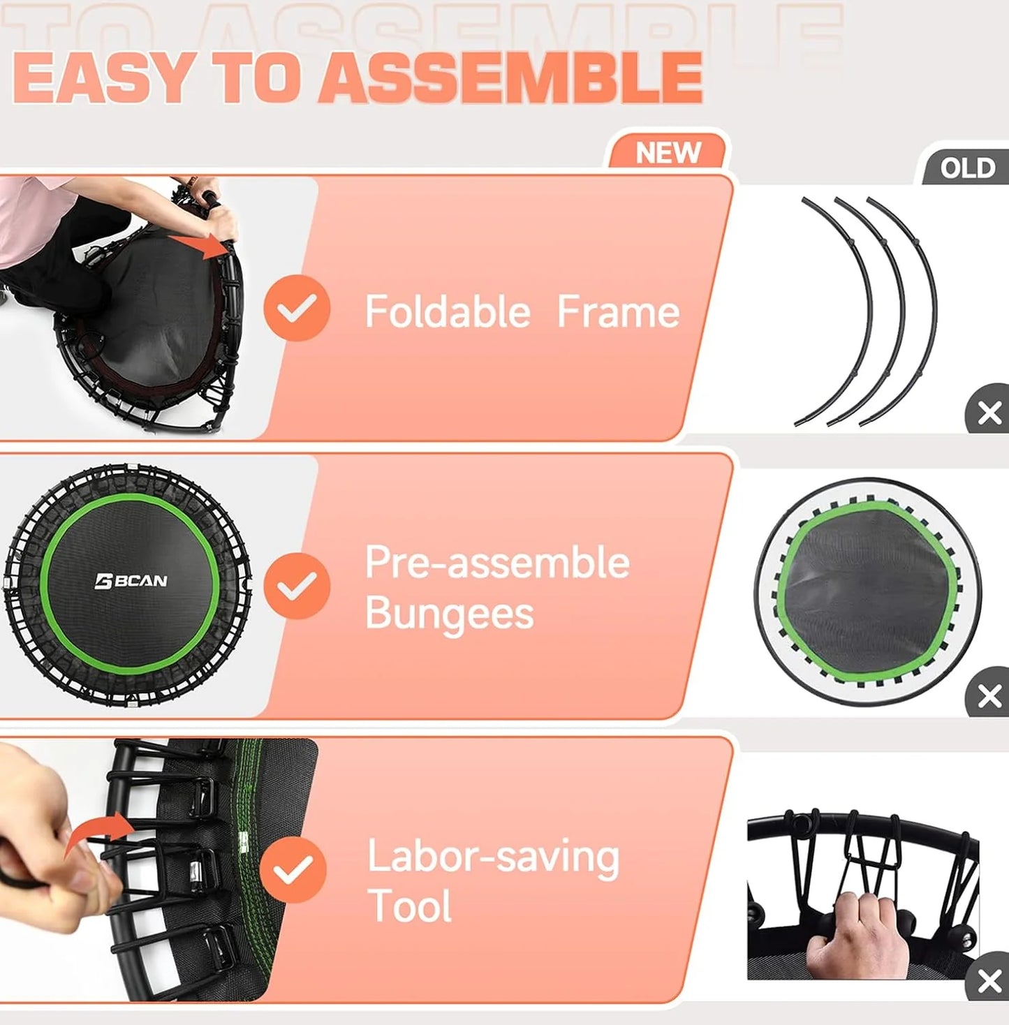 BCAN 450/550 LBS Foldable Mini Trampoline, 40"/48" Fitness Trampoline with Bungees, U Shape Adjustable Foam Handle, Stable & Quiet Exercise Rebounder for Adults Indoor/Outdoor Workout