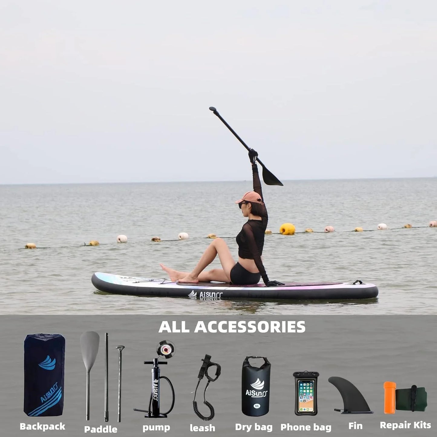 Inflatable wide SUP board with SUP carrying bag, hand pump, 10L waterproof bag and adjustable paddle