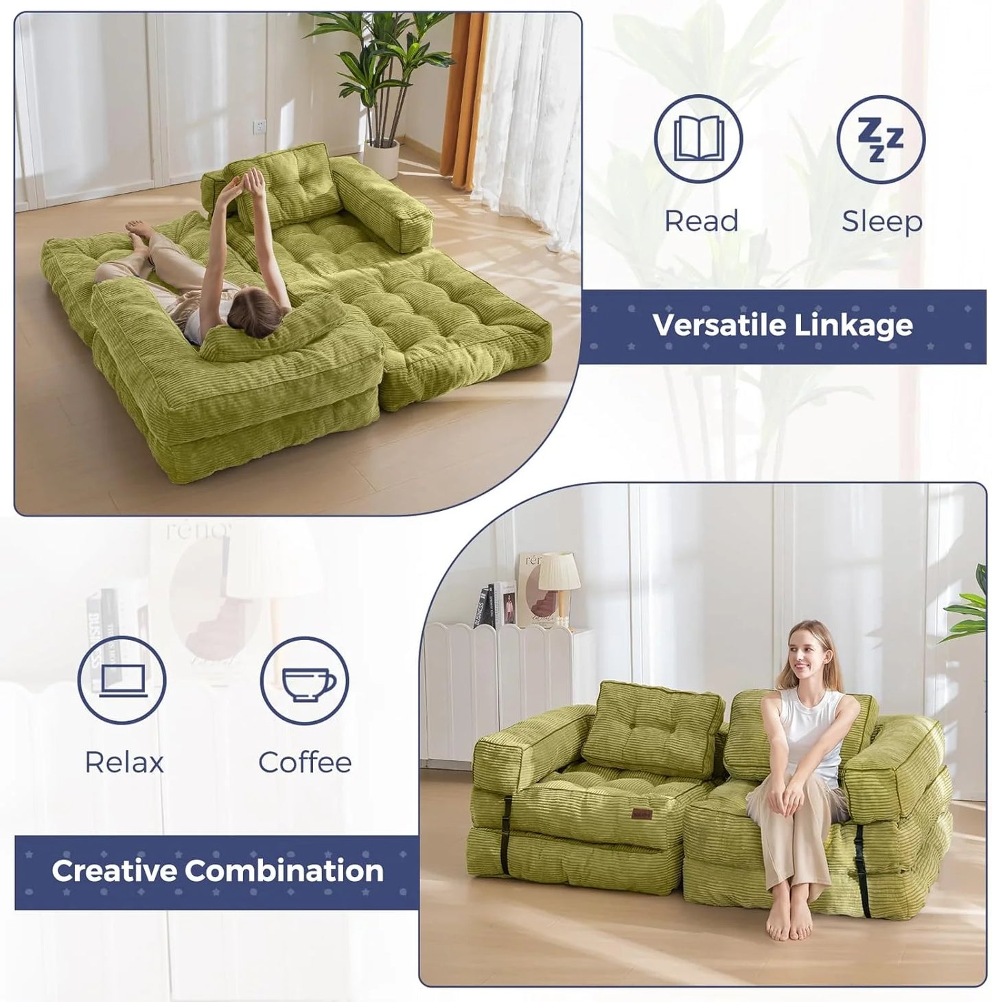 Folding Sofa Bed, L-Shaped Convertible Sofa Bed with Armrests and Pillows,