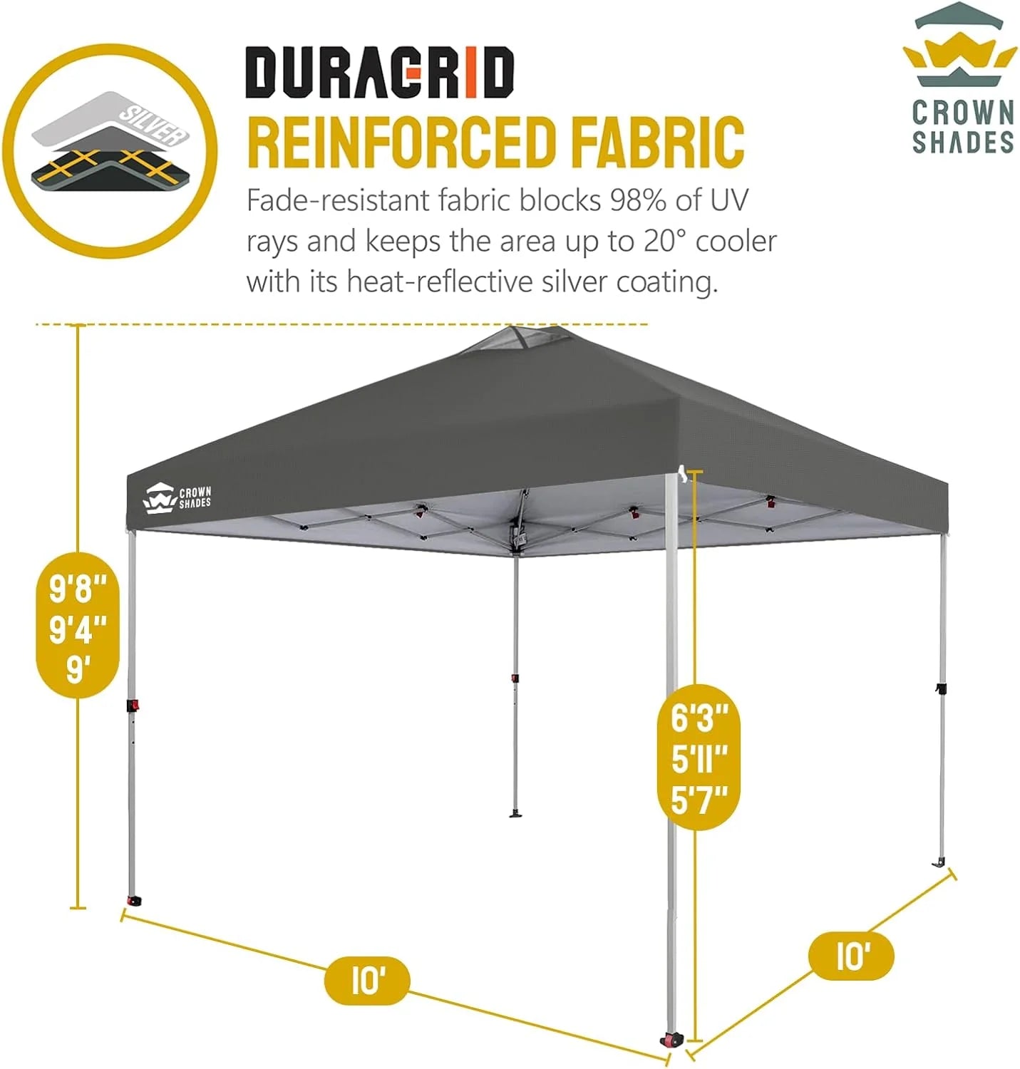 10x10 Pop-Up Awning - One-Click Installation Beach Tent - Outdoor Sunshade Silver Coated Top, 3 Heights and 4 Sand Pockets