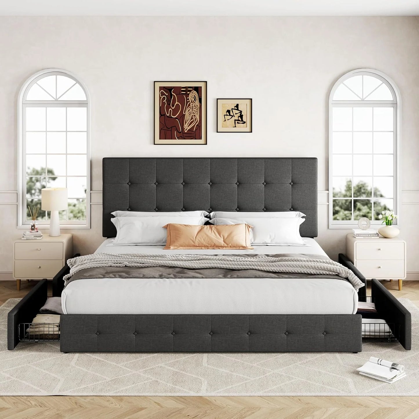 Allewie Upholstered Queen Size Platform Bed Frame with 4 Storage Drawers and Headboard, Square Stitched Button Tufted, Mattress Foundation with Wooden Slats Support, No Box Spring Needed