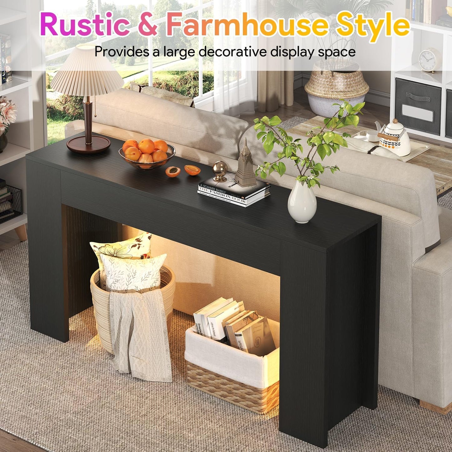 63-Inch Long Console Table with LED Light Farmhouse Sofa Table Behind Couch