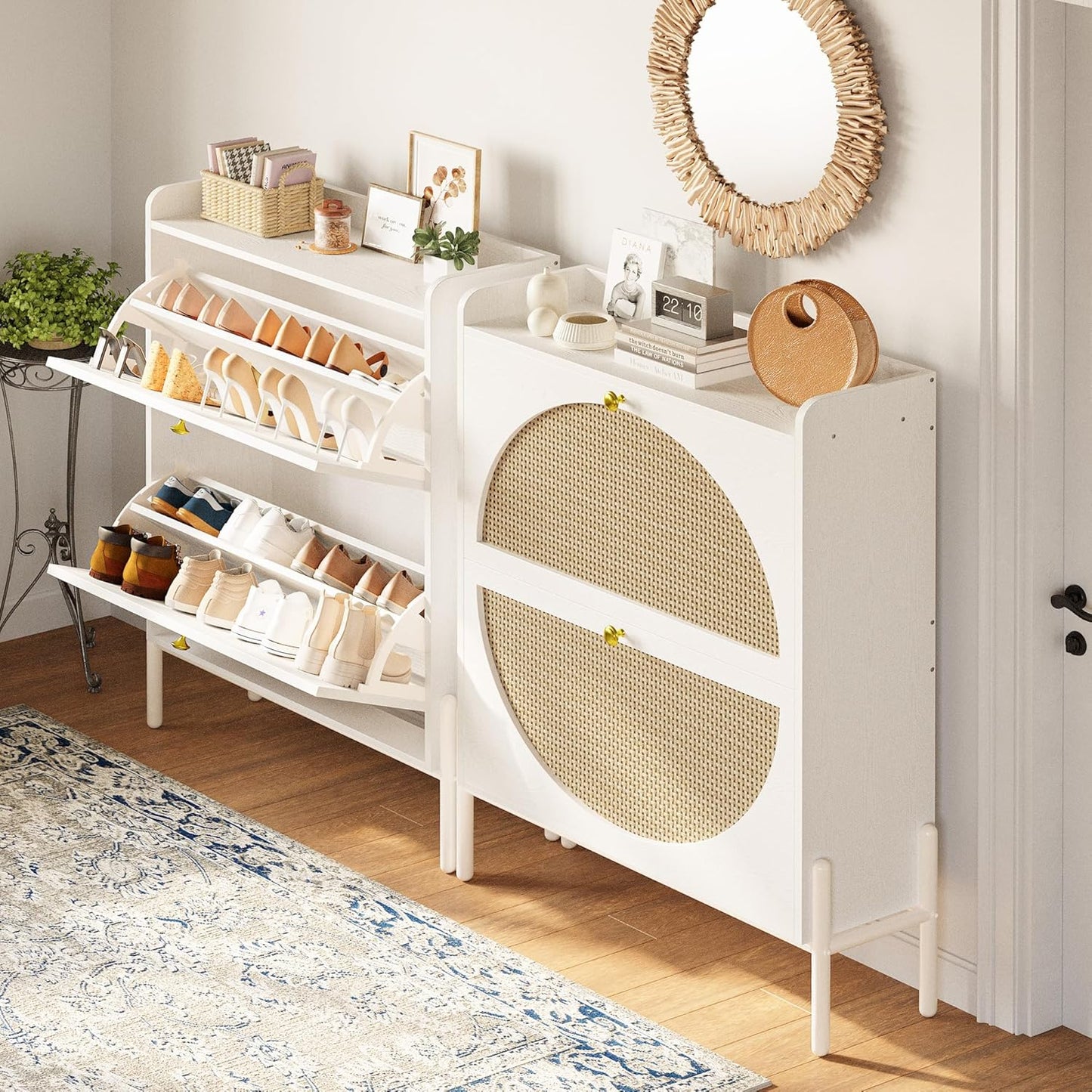 IRONCK Shoe Cabinet Storage with 2 Flip Drawers, Free Standing Wooden Shoe Storage Organizer Cabinet with Rattan Doors for Entryway, Narrow Shoe Rack Cabinet, Oak