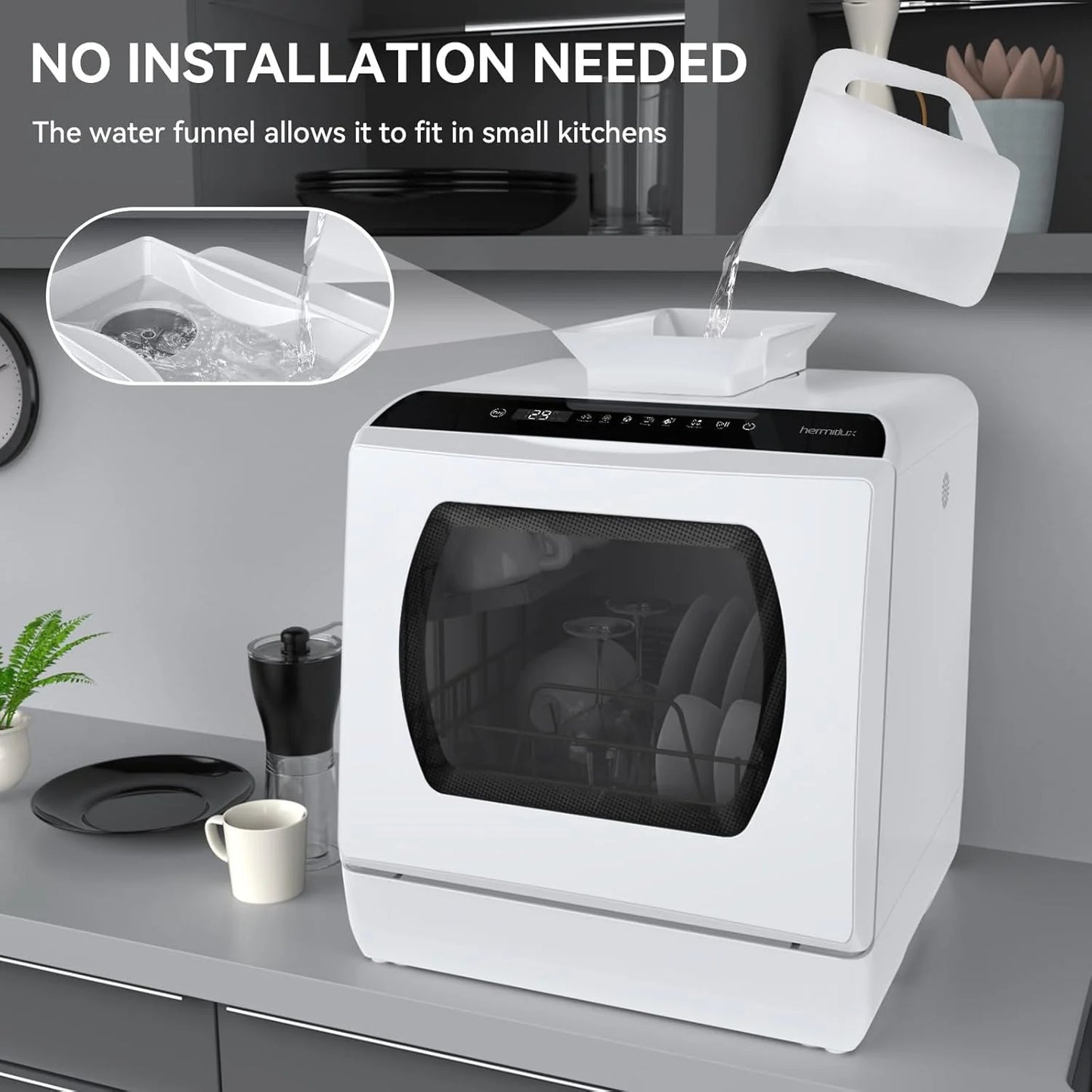 Hermitlux tabletop dishwasher, 7 wash programs, portable mini dishwasher