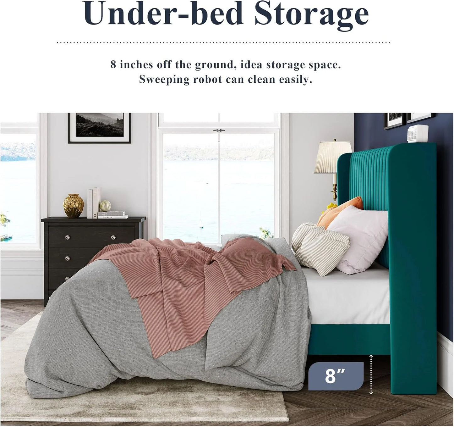 Allewie Full Size Velvet Bed Frame/Vertical Channel Tufted Wingback Headboard/Upholstered Platform Bed/Strong Wooden Slats/No Box Spring Needed/Easy Assembly/White