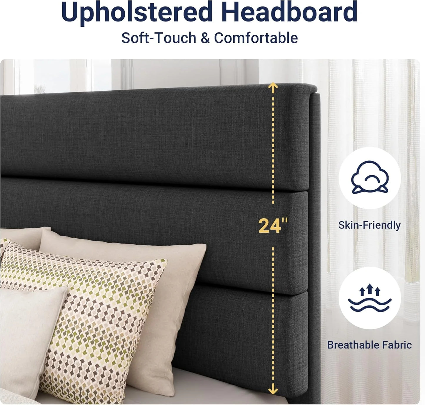 Allewie King size platform bed frame with velvet upholstered headboard and planks