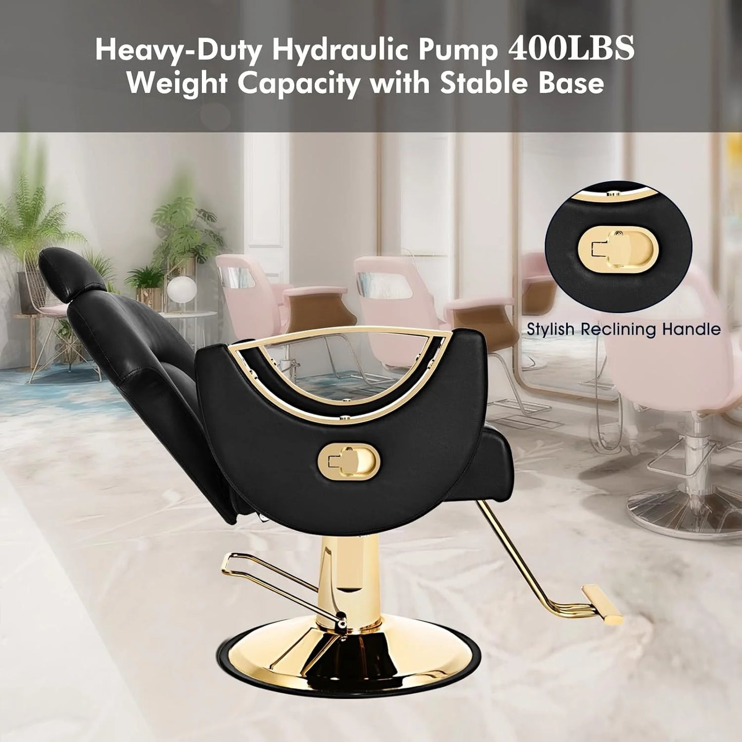 Artist Hand Salon Chair Reclining Barber Chair Oversized Hydraulic Pump Heavy Duty Hair Salon Chair 360 Degree Swivel Hair Chair for Hair Stylist, Beauty Spa Equipment Max Load 400 LBS, Black and Gold