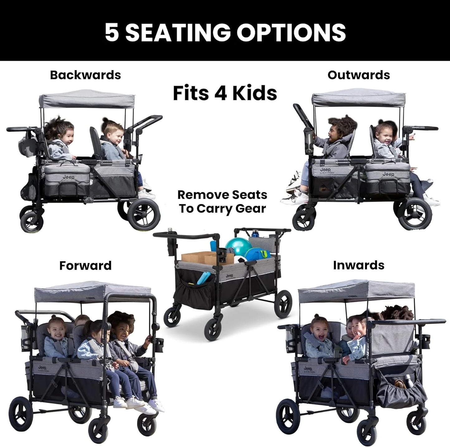 Jeep Wrangler Deluxe 4 Seater Stroller Wagon by Delta Children - Premium Quad Stroller Wagon for 4 Kids with Convertible Seats, Adjustable Push/Pull Handles, Removable Canopy & Flat Fold, Grey