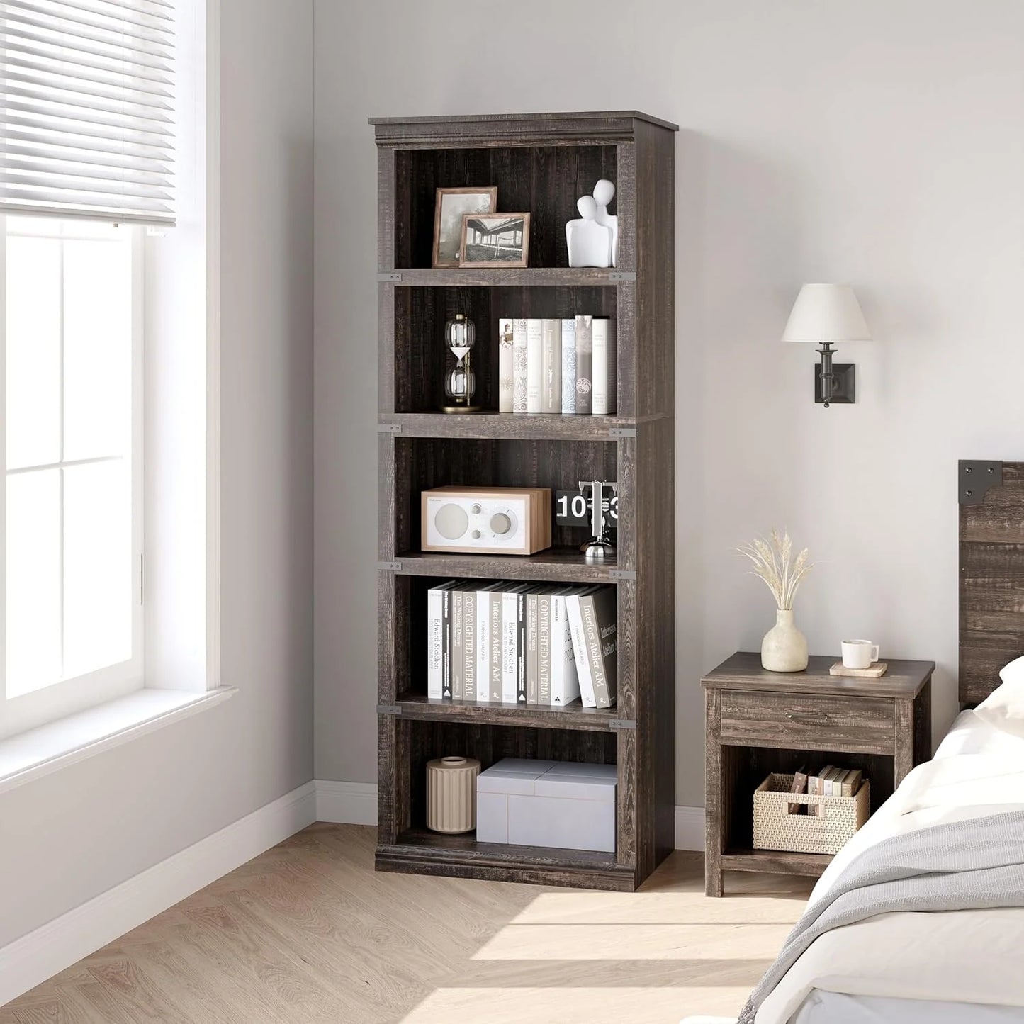 5 Tier Bookcase Farmhouse Book Shelf with Storage Open Display Bookshelves